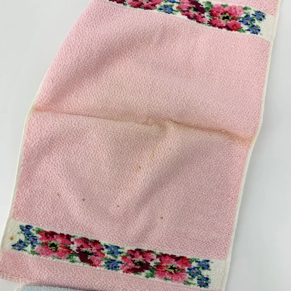 Vintage Hand Towels LOT of 2 Pink and Blue with Floral Cottagecore